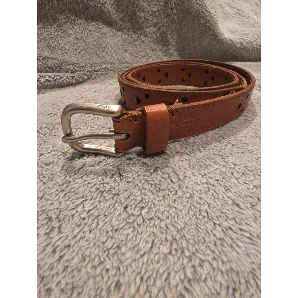 Brown Women's Leather Fossil Belt With Silver Buckle And Geo Cutouts Triangle...